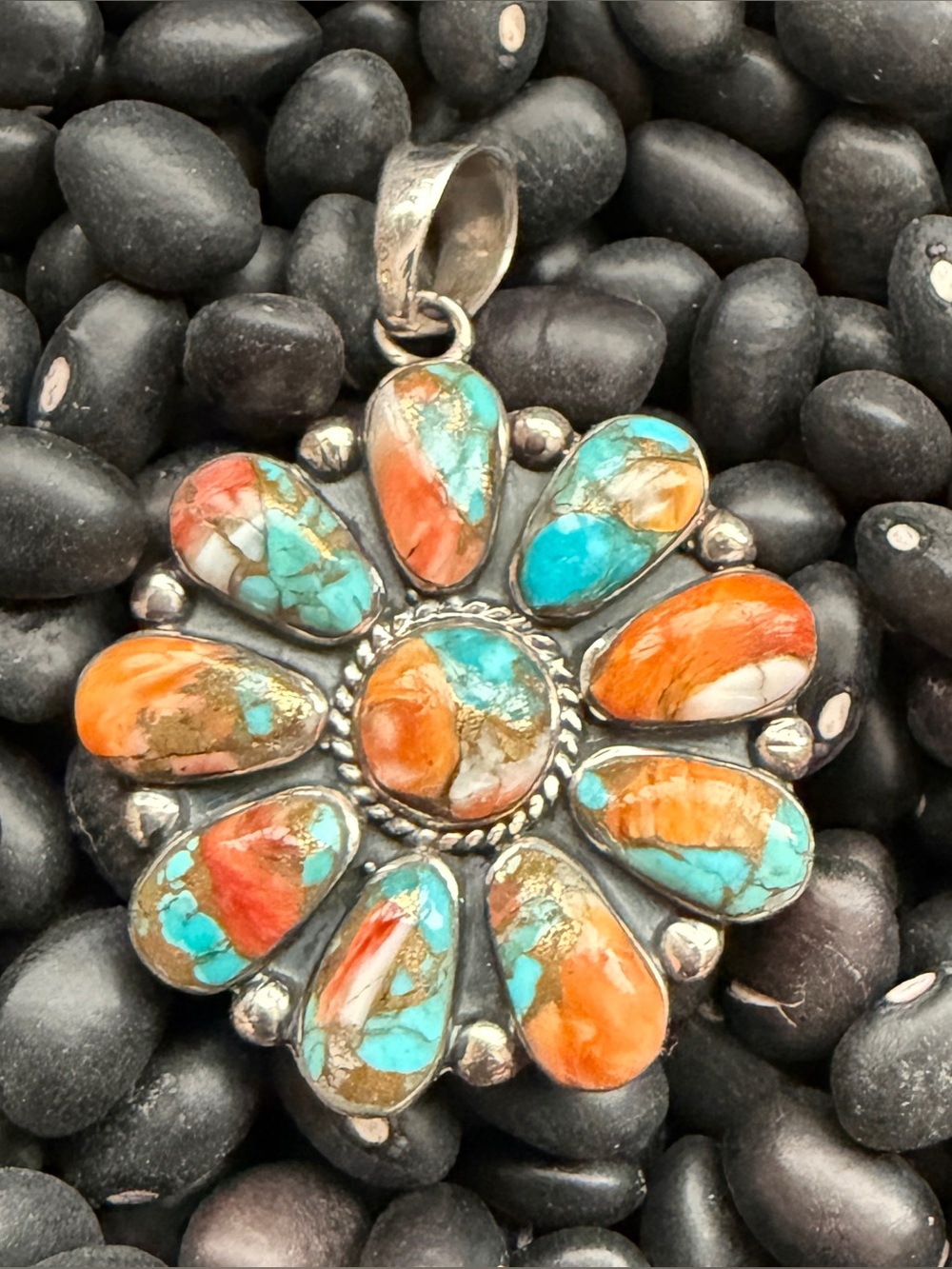 Turquoise and Orange Sterling Silver Cluster Pendant